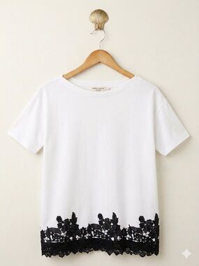 Maria Grazia Severi Italy White Cotton Tee Black Guipure Lace Hem Luxury Top L